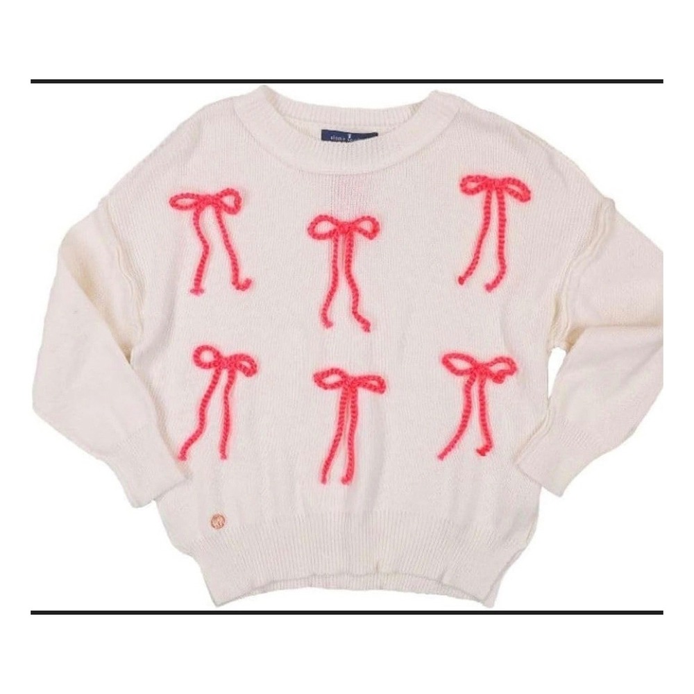 Simply Southern White Cotton Knit Sweater Pink Crochet Bows Large NWT